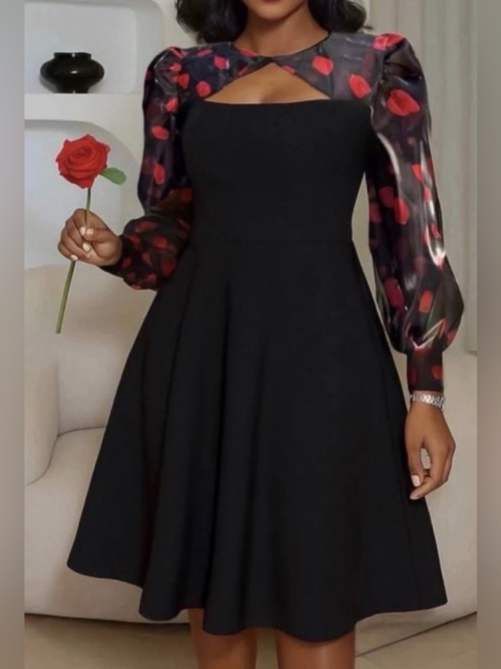 Misfire Elegant Black w/Red Rose Petal Sheer Sleeve A-Line Dress 12/14 US /44 EU